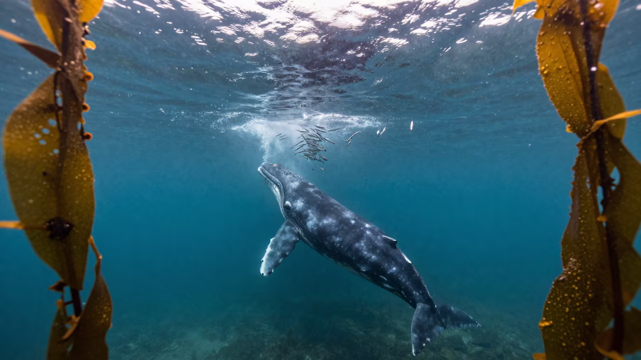 Bryde's Whale Lunge Through Kelp Forest Underwater in through a forest of kelp fronds near Mombasa