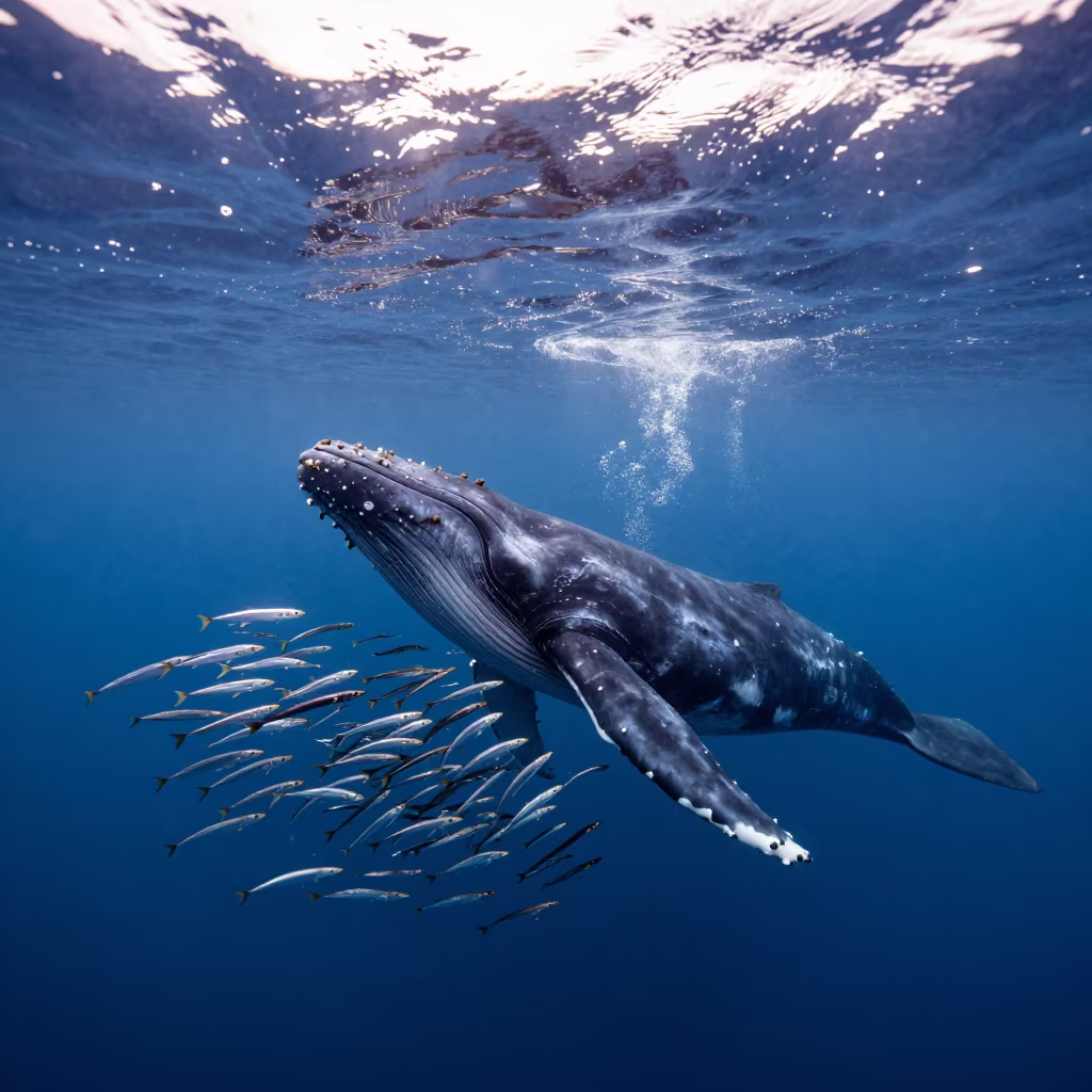 Bryde's Whale Lunging Through Winter Sardine Ball in in Japan