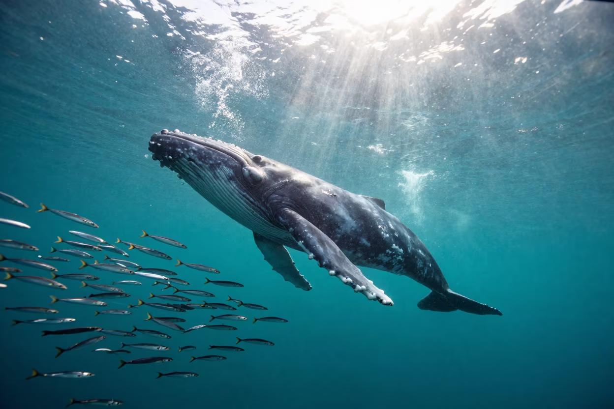Bryde's Whale Lunges Through Sardine Ball Honolulu in near Manoa, Honolulu