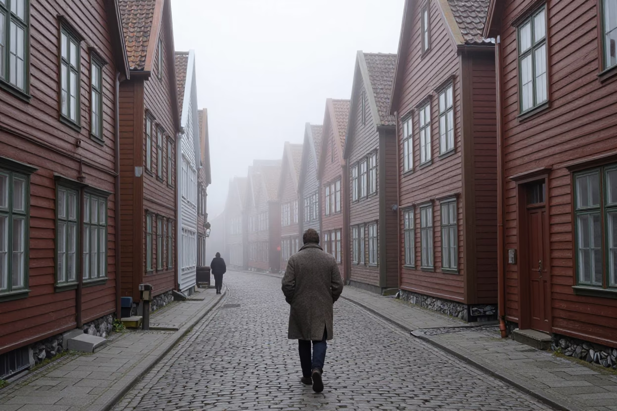 Bryggen Alley in Bergen in in Bergen, Norway