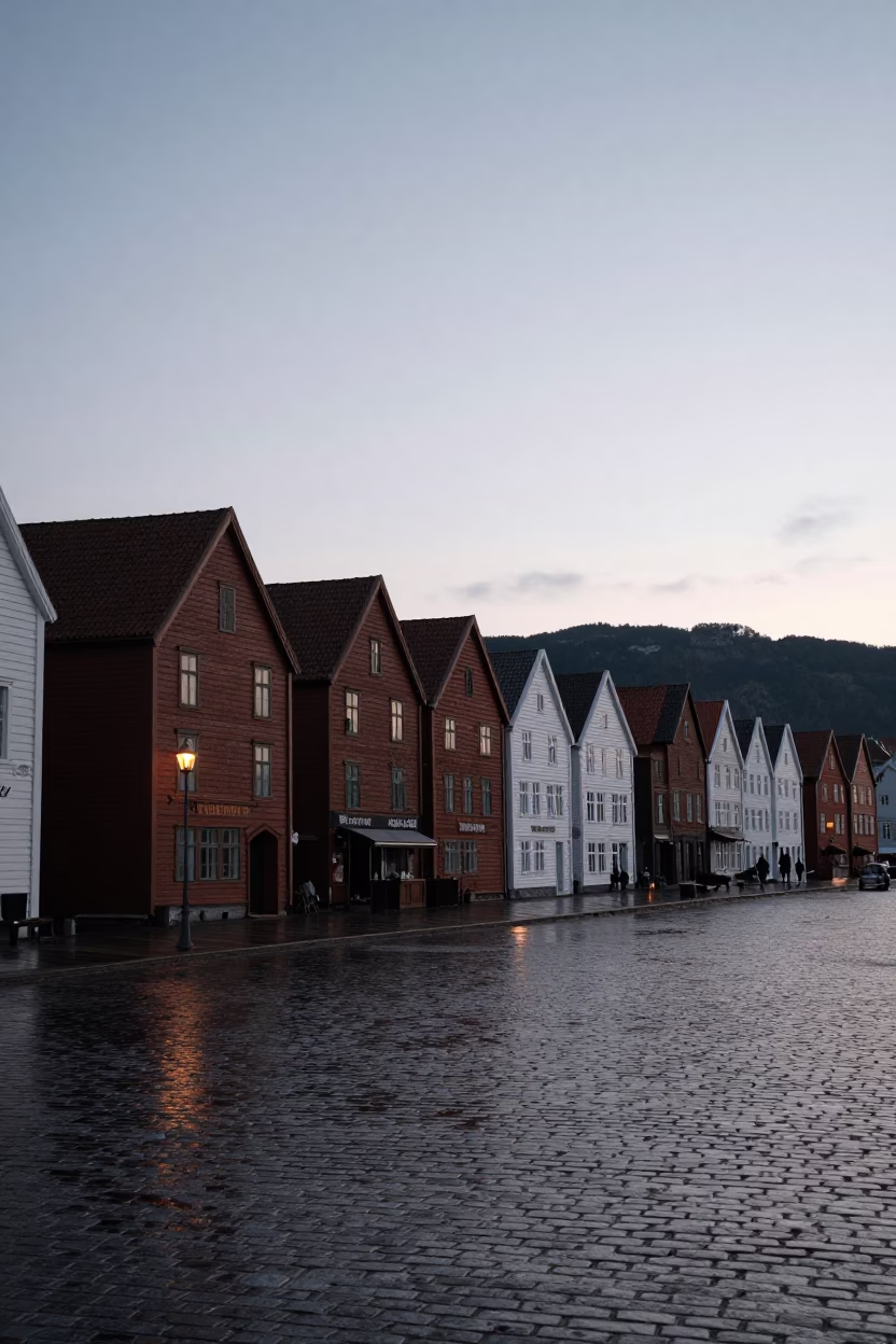 Bryggen Wharf in Bergen at Sunrise Light in in Bergen, Norway