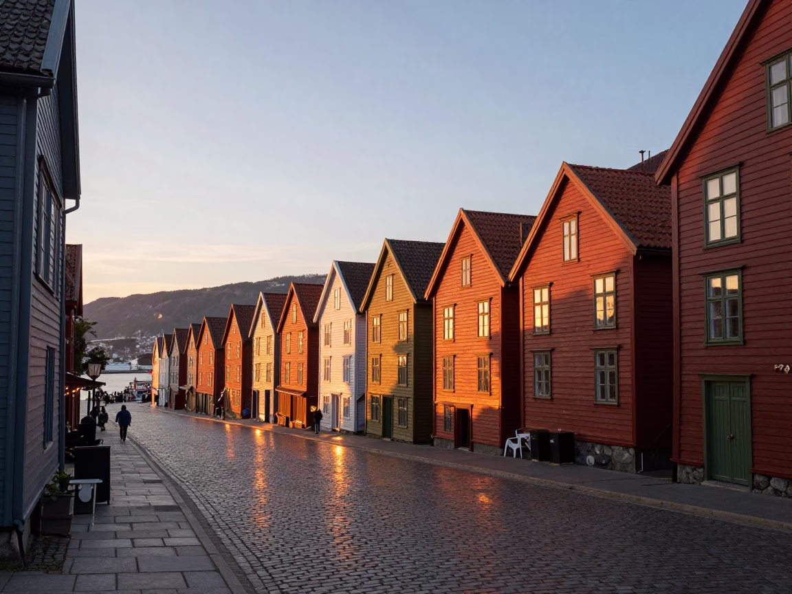 Bryghan Wharf in Bergen at As The Sun Drops Toward The Horizon in in Bergen, Norway