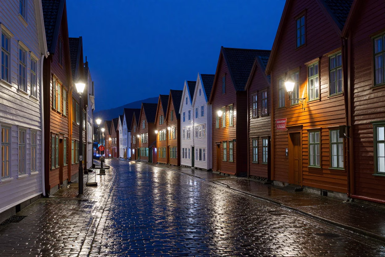 Bryghan Wharf in Bergen at Deep In The Night Light in in Bergen, Norway