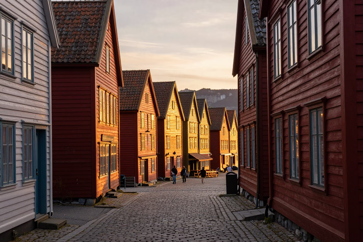 Bryghan Wharf in Bergen at Sunset Light in in Bergen, Norway