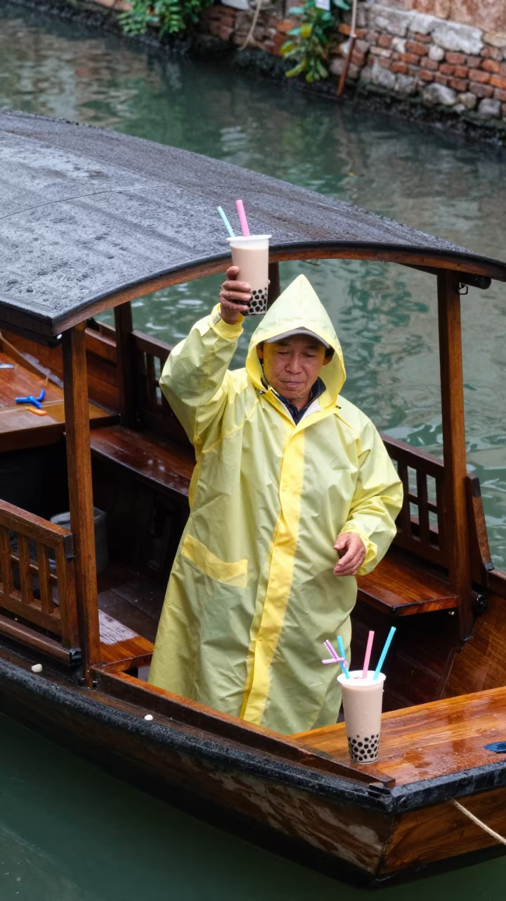 Bubble Tea Vendor Shaking Cups on Hue Boat in at a floating market boat in Hue