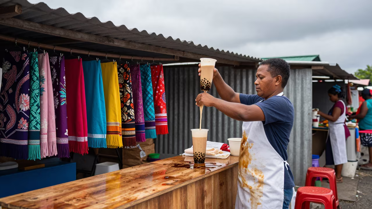 Bubble Tea Vendor Shaking Cups at Montego Bay Textile Stall in at a textile trader's stall in Montego Bay