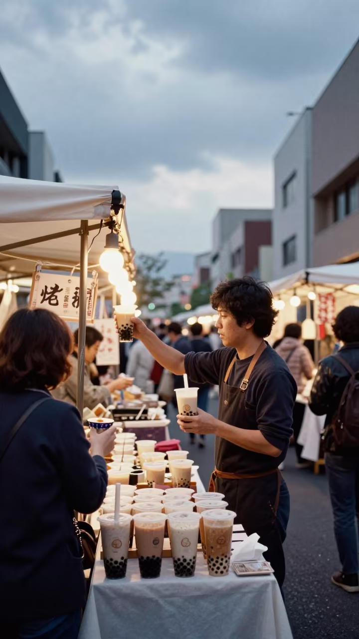 Bubble tea vendor shaking cups at Osaka night market stall in at a textile trader's stall in Osaka