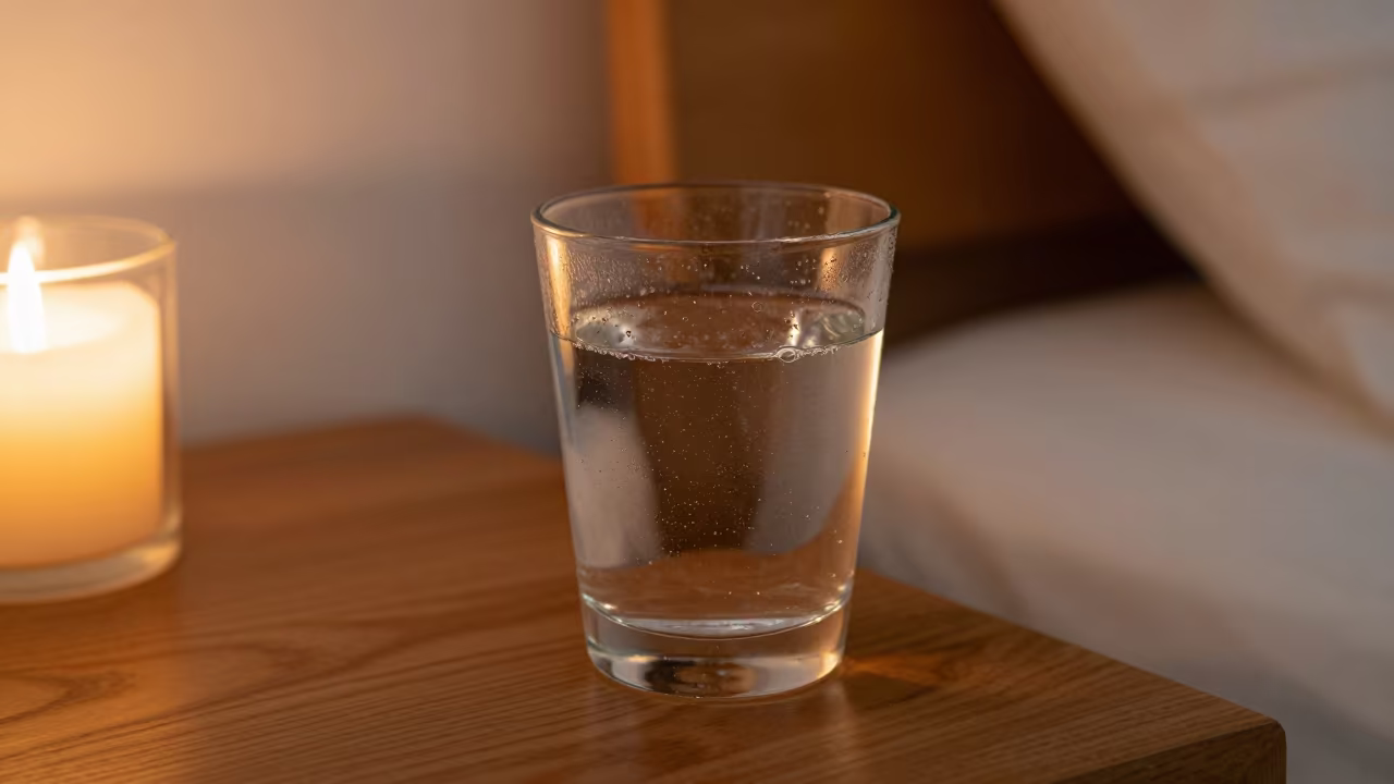 Bubbles Rising in Sparkling Water Glass in on a bedside table near Fuzhou