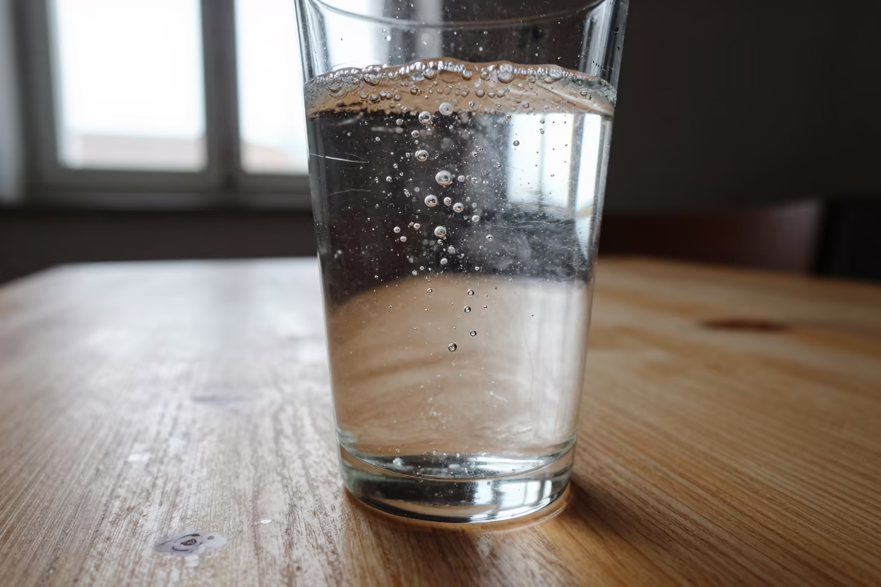 Bubbles in Sparkling Water on Prato Workbench in on a wooden workbench in Prato