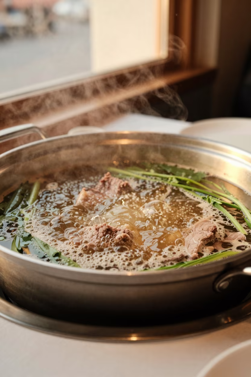 Bubbling Beef Hot Pot in Berlin Restaurant in on a linen-covered restaurant table in Tempelhof, Berlin