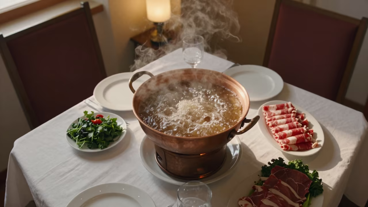 Bubbling Beef Hot Pot on Linen Table in on a linen-covered restaurant table in Banja Luka