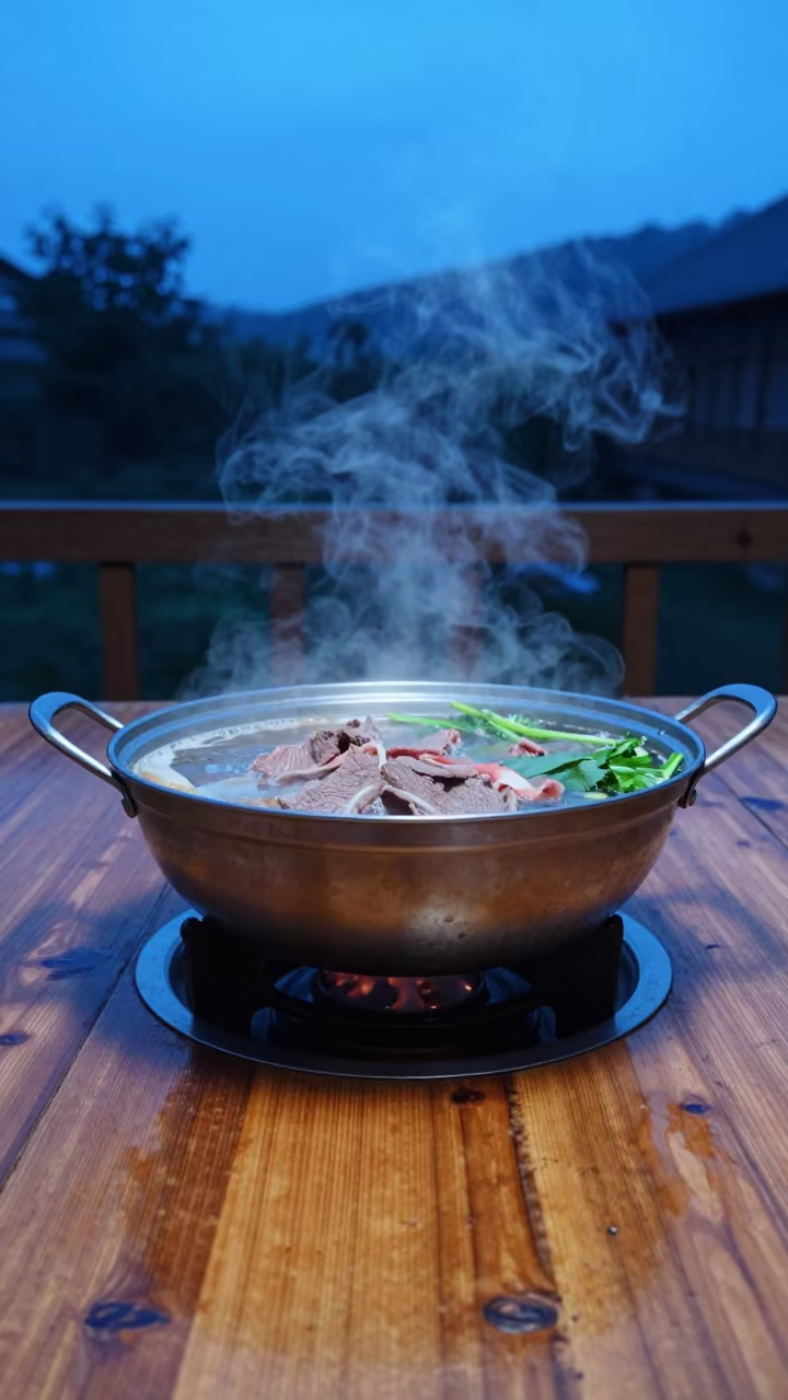 Bubbling Beef Hot Pot on Rustic Table at Blue Hour in on a rustic wooden table in Kohat
