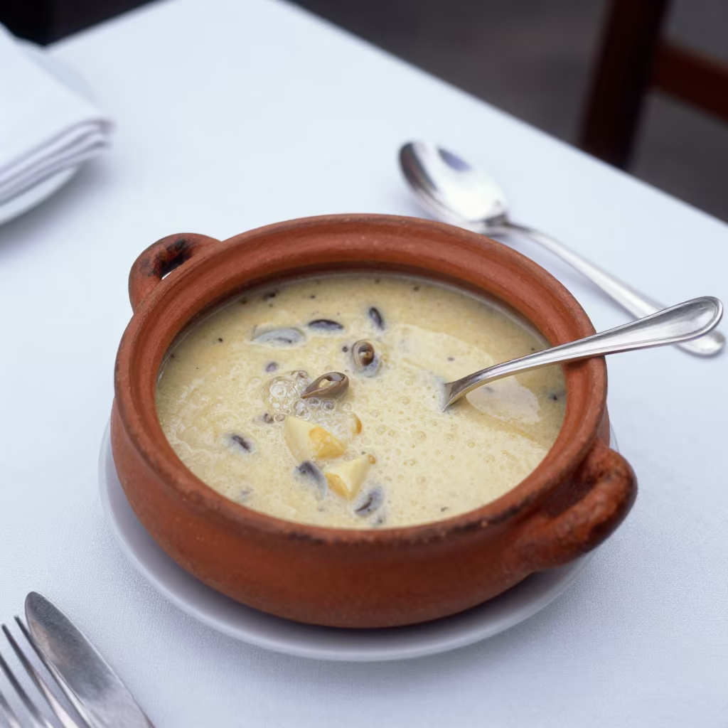 Bubbling Cassoulet in Clay Pot on Da Nang Table in on a linen-covered restaurant table in Da Nang
