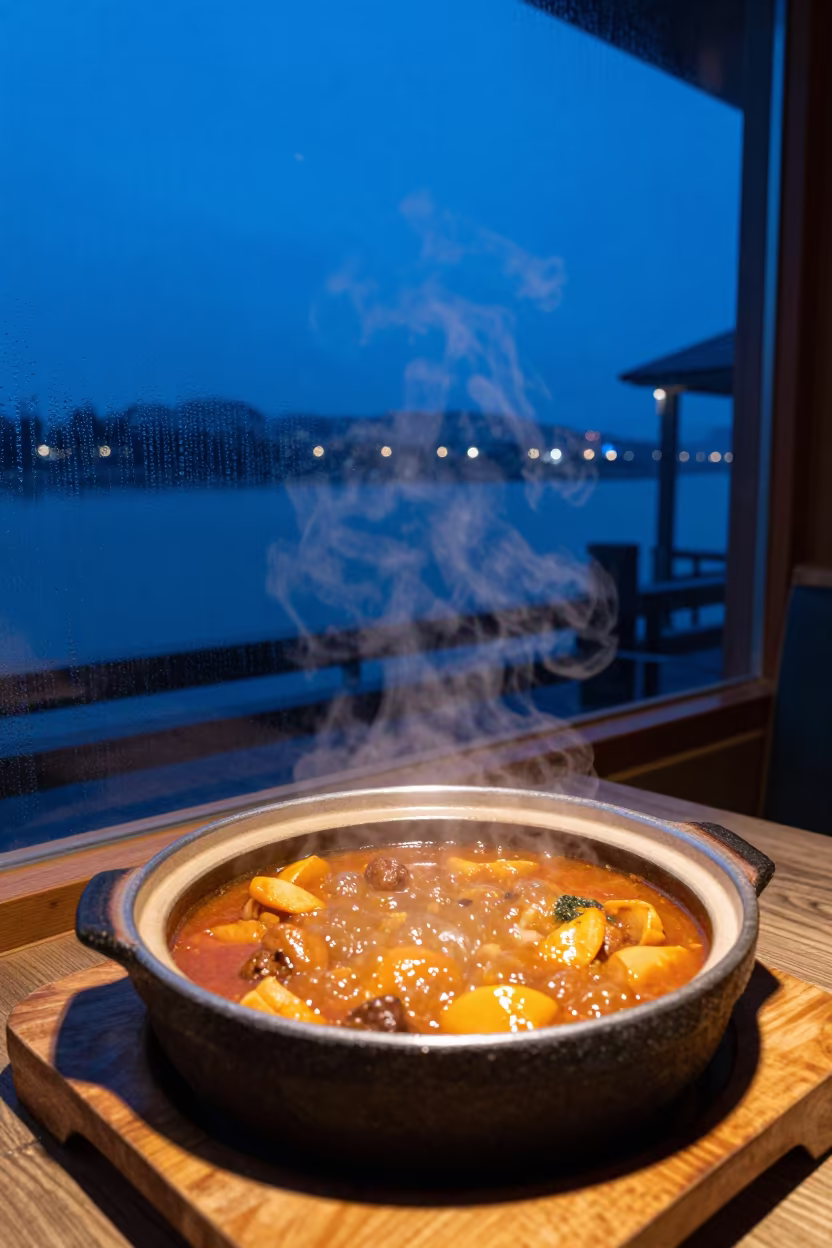 Bubbling Cassoulet in Clay Pot on Phoenix Tray in on a tea house tray in Phoenix