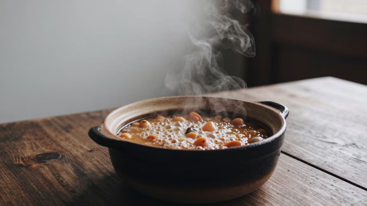 Bubbling Cassoulet in Clay Pot on Wooden Table in on a rustic wooden table in Brunswick, Melbourne