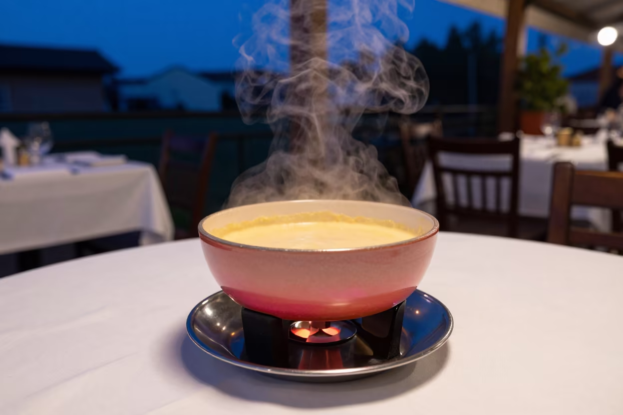 Bubbling Cheese Fondue on Blue Hour Neon in on a linen-covered restaurant table in Comodoro Rivadavia