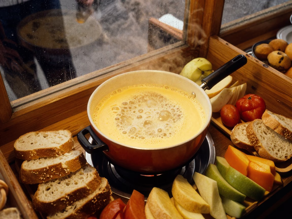 Bubbling Cheese Fondue on Market Counter in at a market stall counter in Vaughan