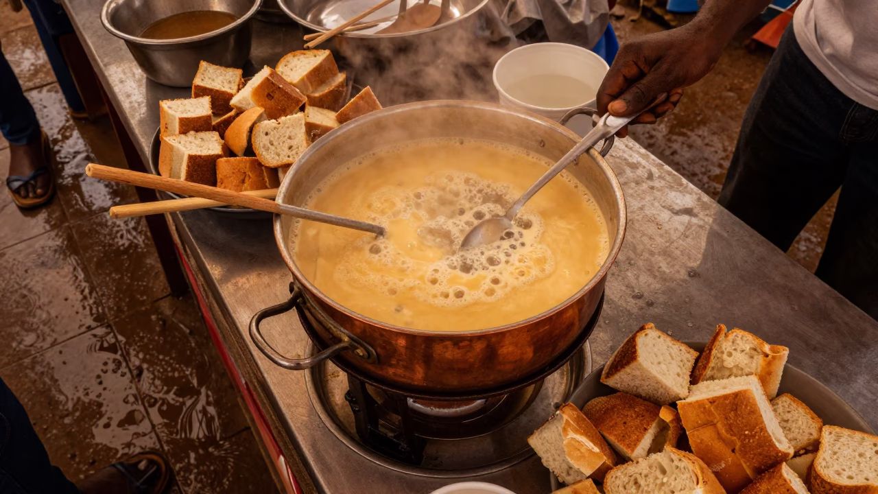 Bubbling Cheese Fondue Platter Market Yaounde in at a market stall counter in Yaounde