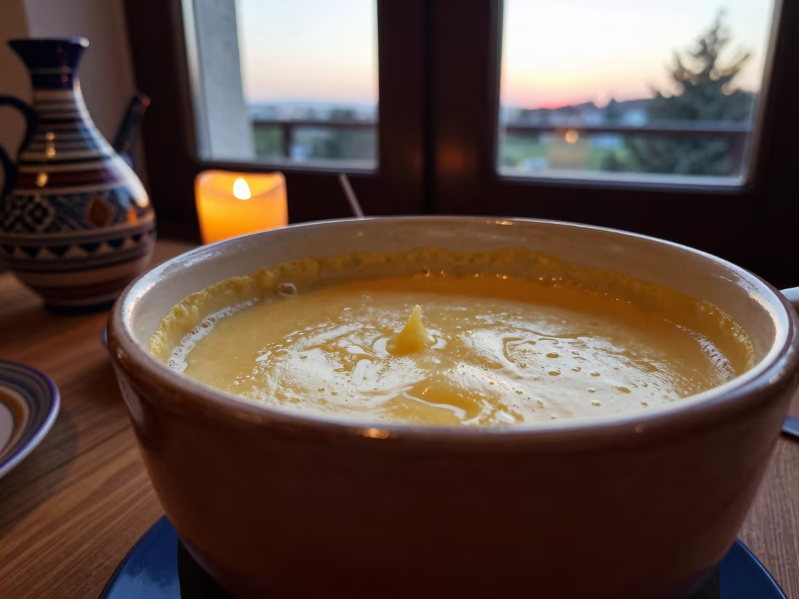 Bubbling Cheese Fondue Platter at Sunset Window in on a ceramic plate by a window in Edirne