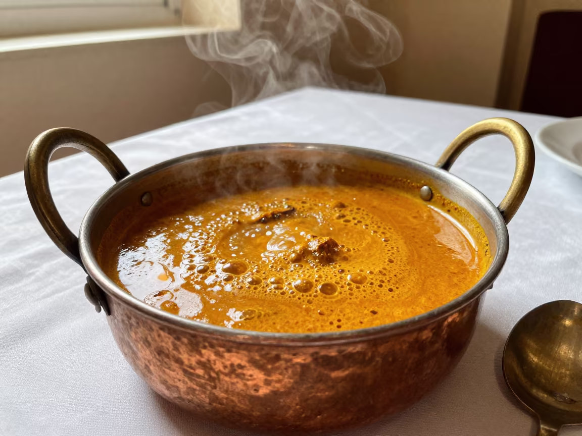 Bubbling Curry Pot in Gwalior Restaurant Skylight in on a linen-covered restaurant table in Gwalior