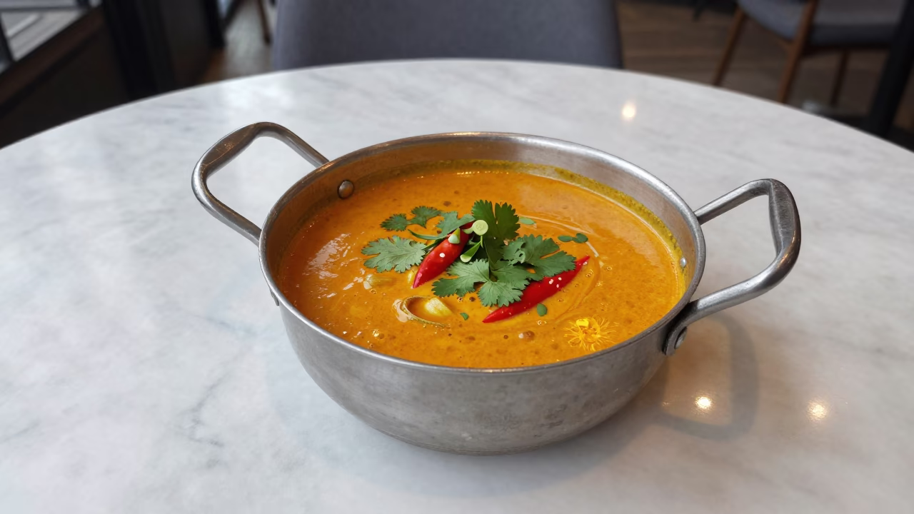 Bubbling Curry Pot on Tampa Cafe Table in on a marble cafe table in Tampa
