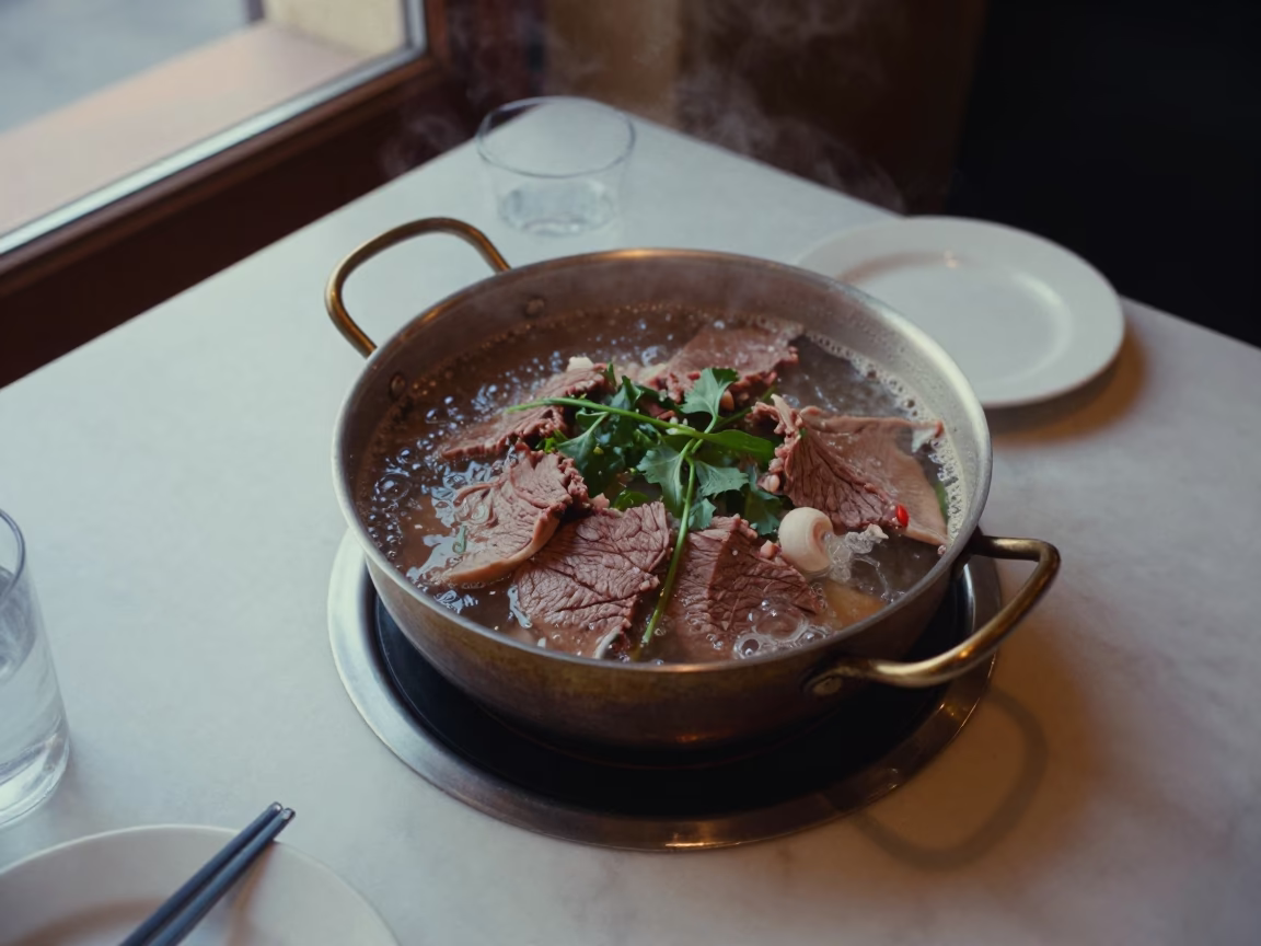 Bubbling Hot Pot Beef Greens Brescia Dawn in on a marble cafe table in Brescia