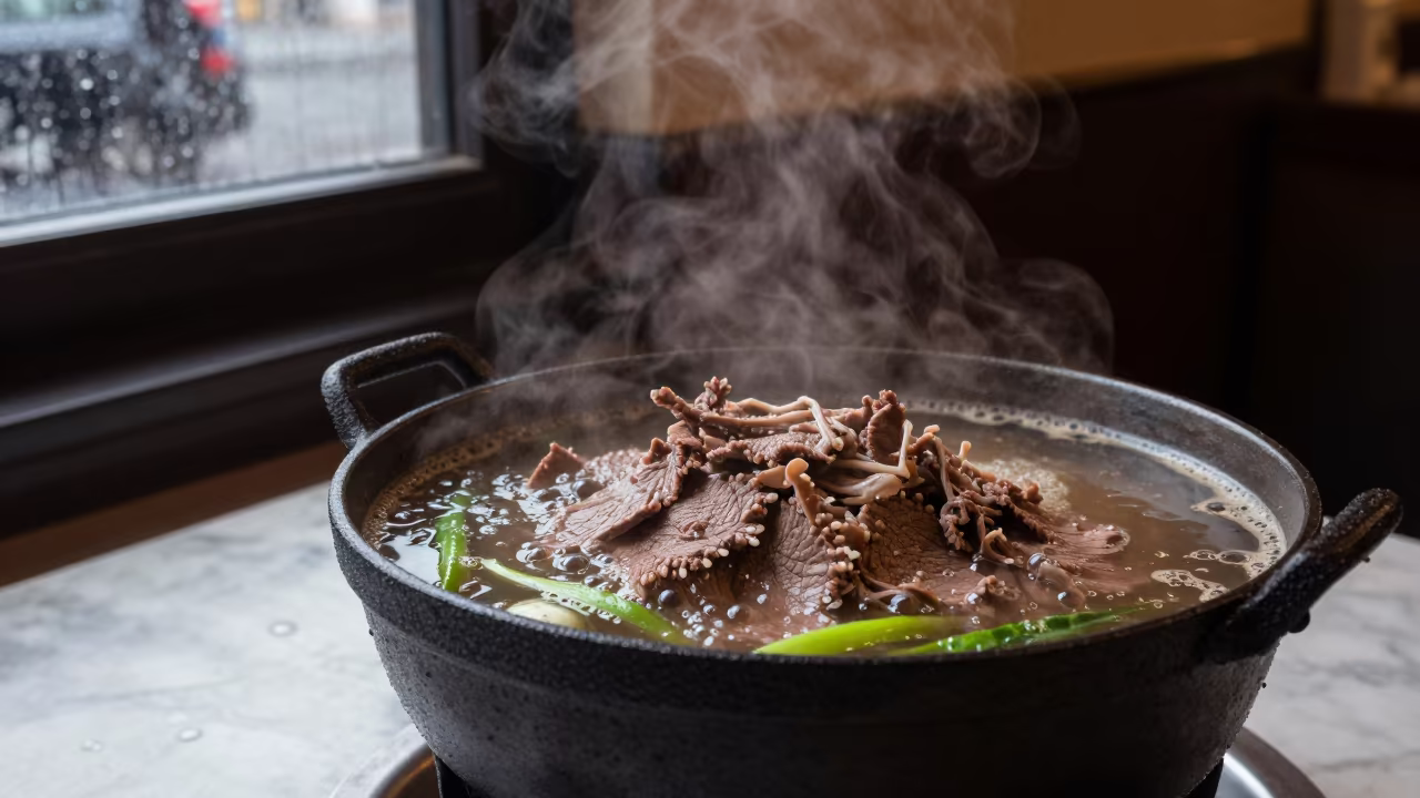 Bubbling Hot Pot Beef Salad in San Salvador Cafe in on a marble cafe table in San Salvador