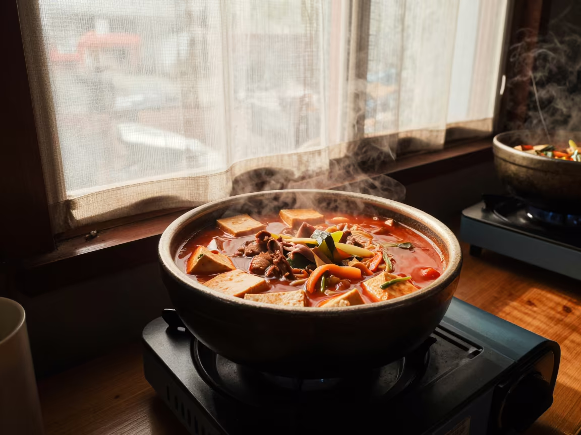 Bubbling Jjigae Stew on Burner at Noodle Counter in at a noodle counter in San Salvador