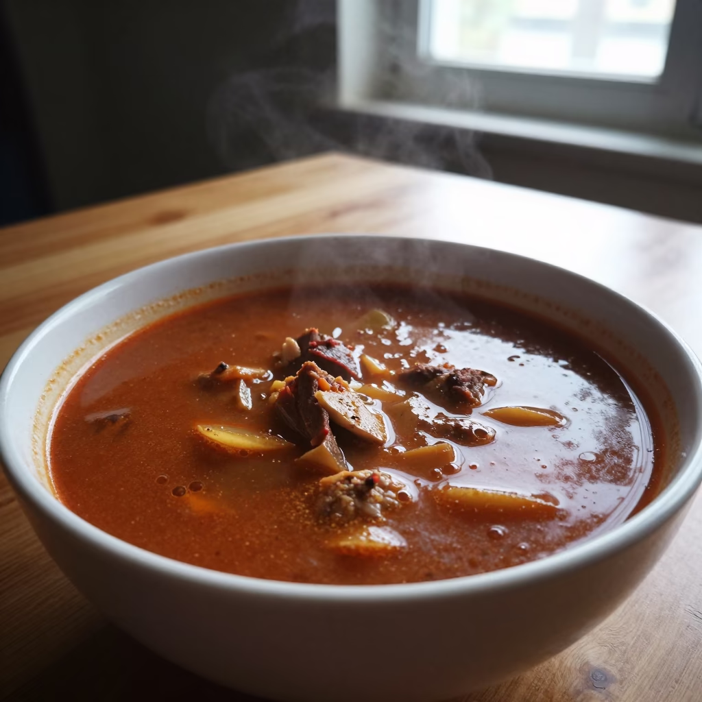 Bubbling Jjigae Stew in Late Afternoon Light in on a small dining table by a window in Mostaganem