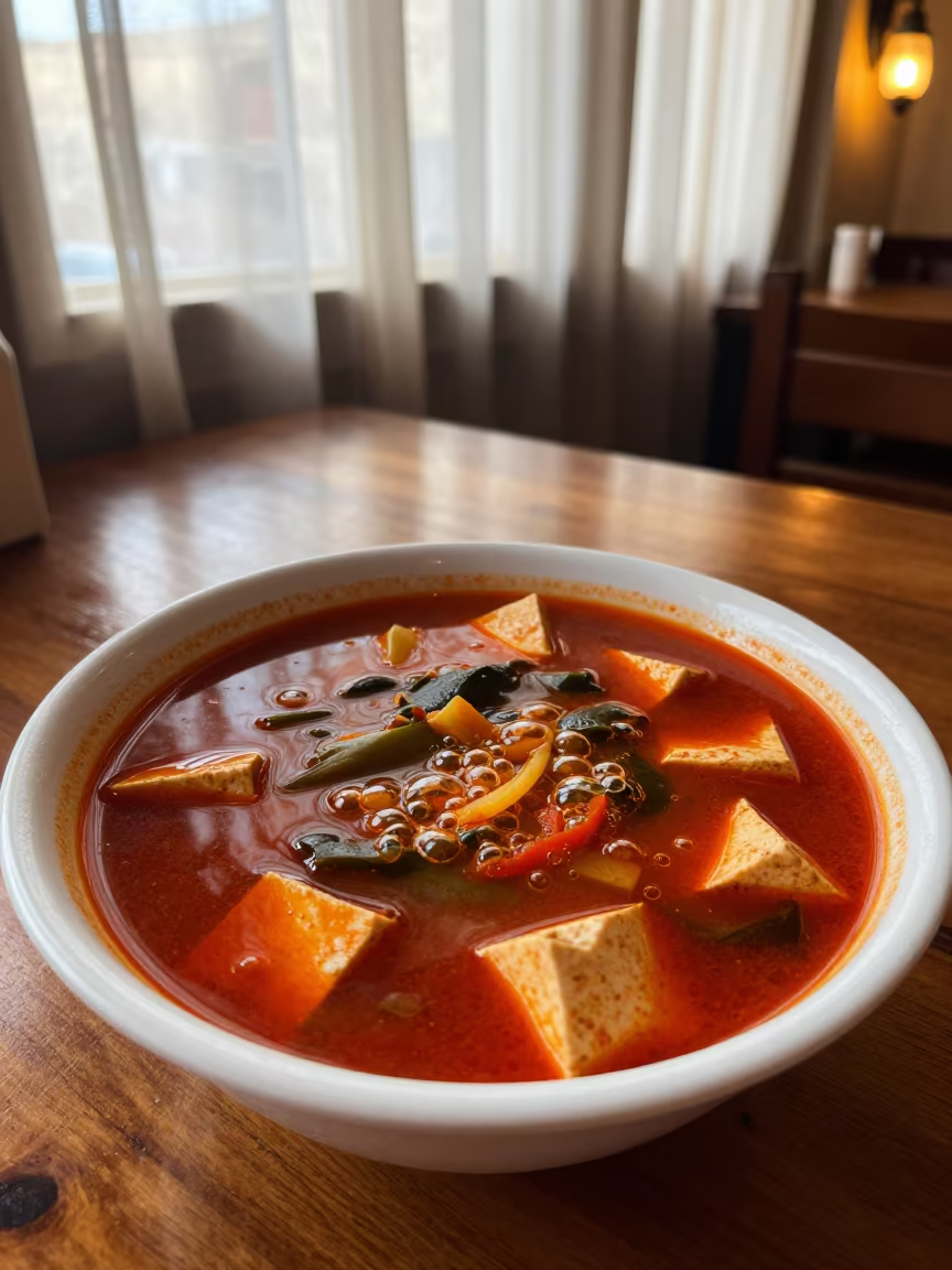 Bubbling Jjigae Stew on Restaurant Table in on a restaurant table in El Jadida