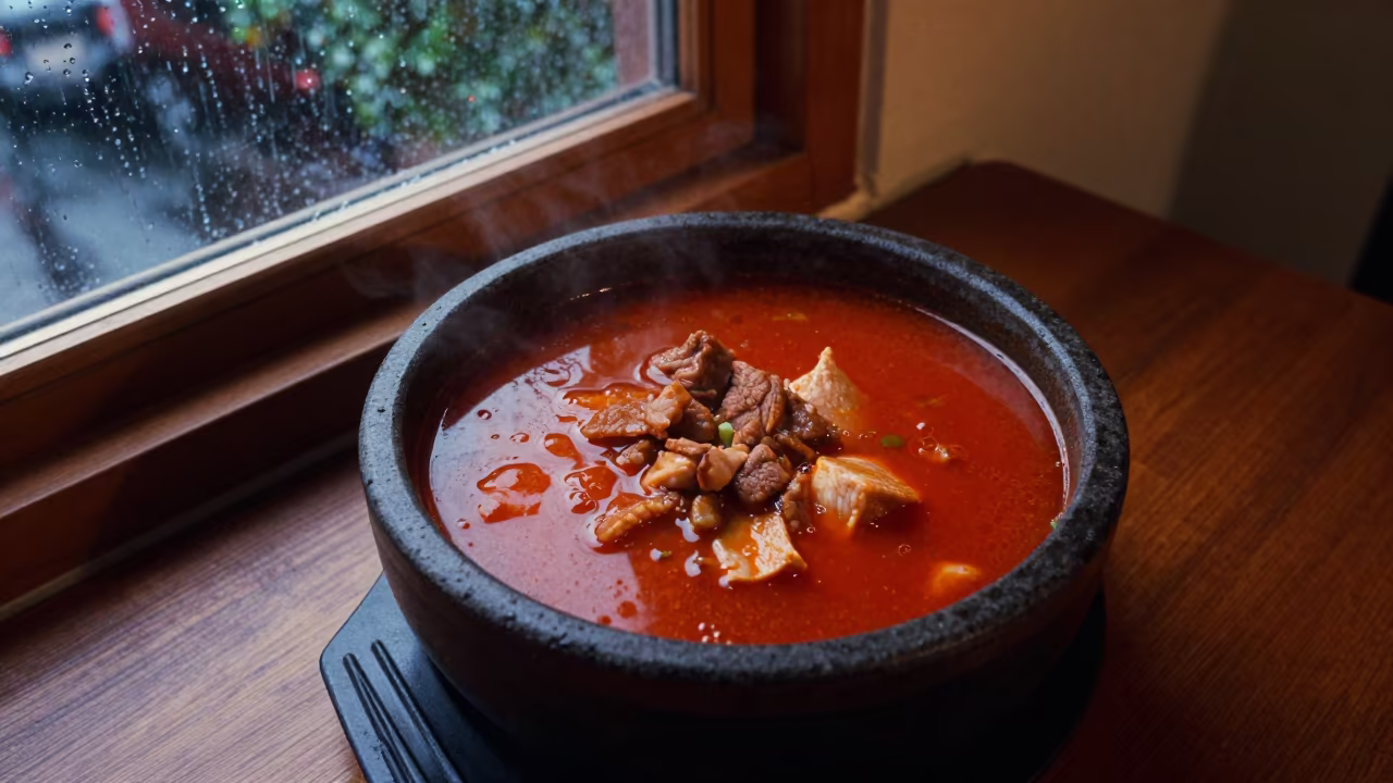 Bubbling Korean Army Stew in Copper Light in on a restaurant table in Honiara