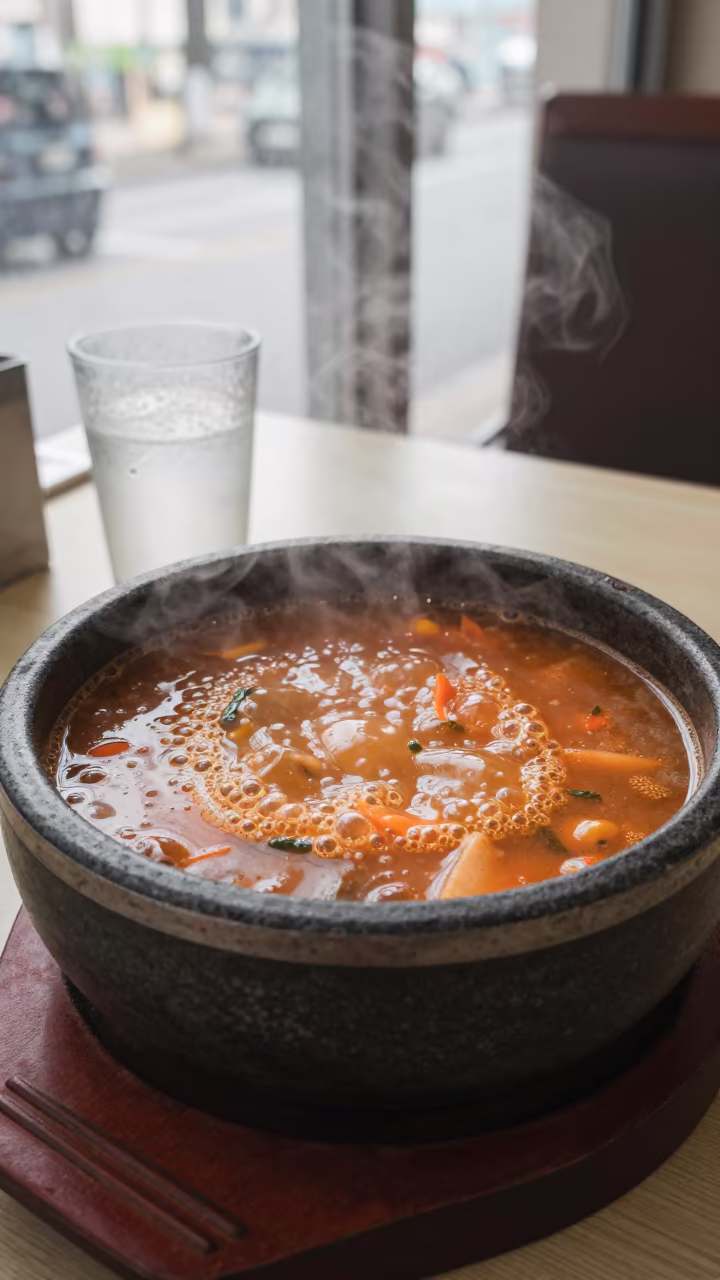 Bubbling Korean Army Stew in São Paulo Morning Light in on a restaurant table in São Paulo