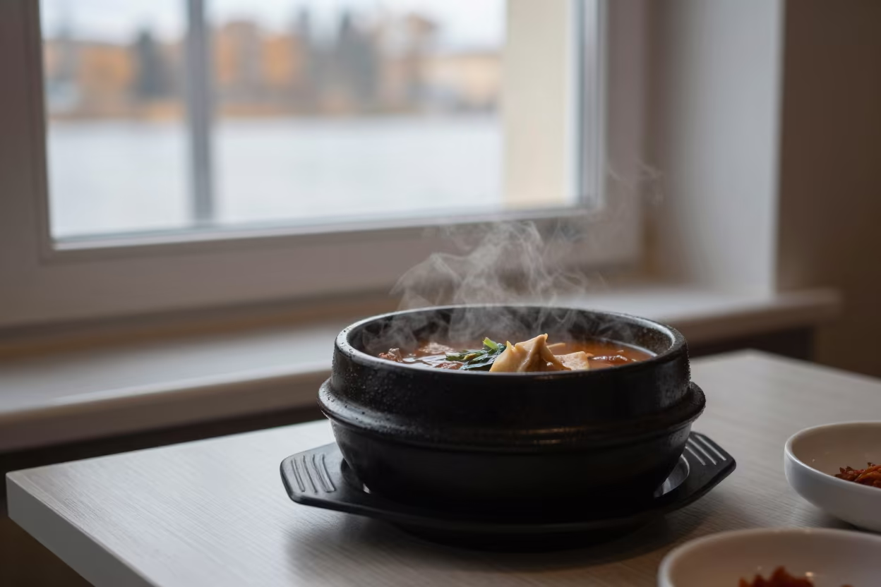 Bubbling Korean Army Stew in St Petersburg Window in on a small dining table by a window in St Petersburg