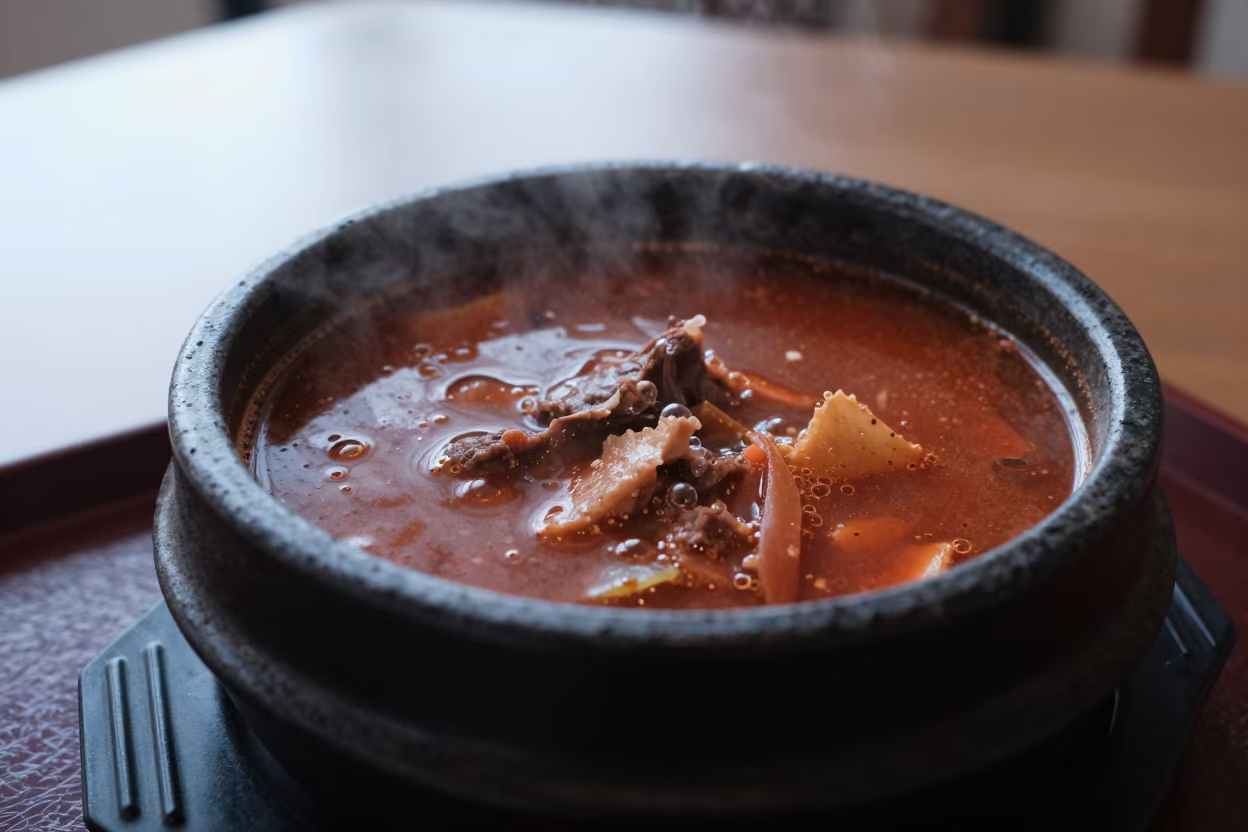 Bubbling Korean Army Stew in Stone Bowl Manaus in on a lacquered tray in Manaus