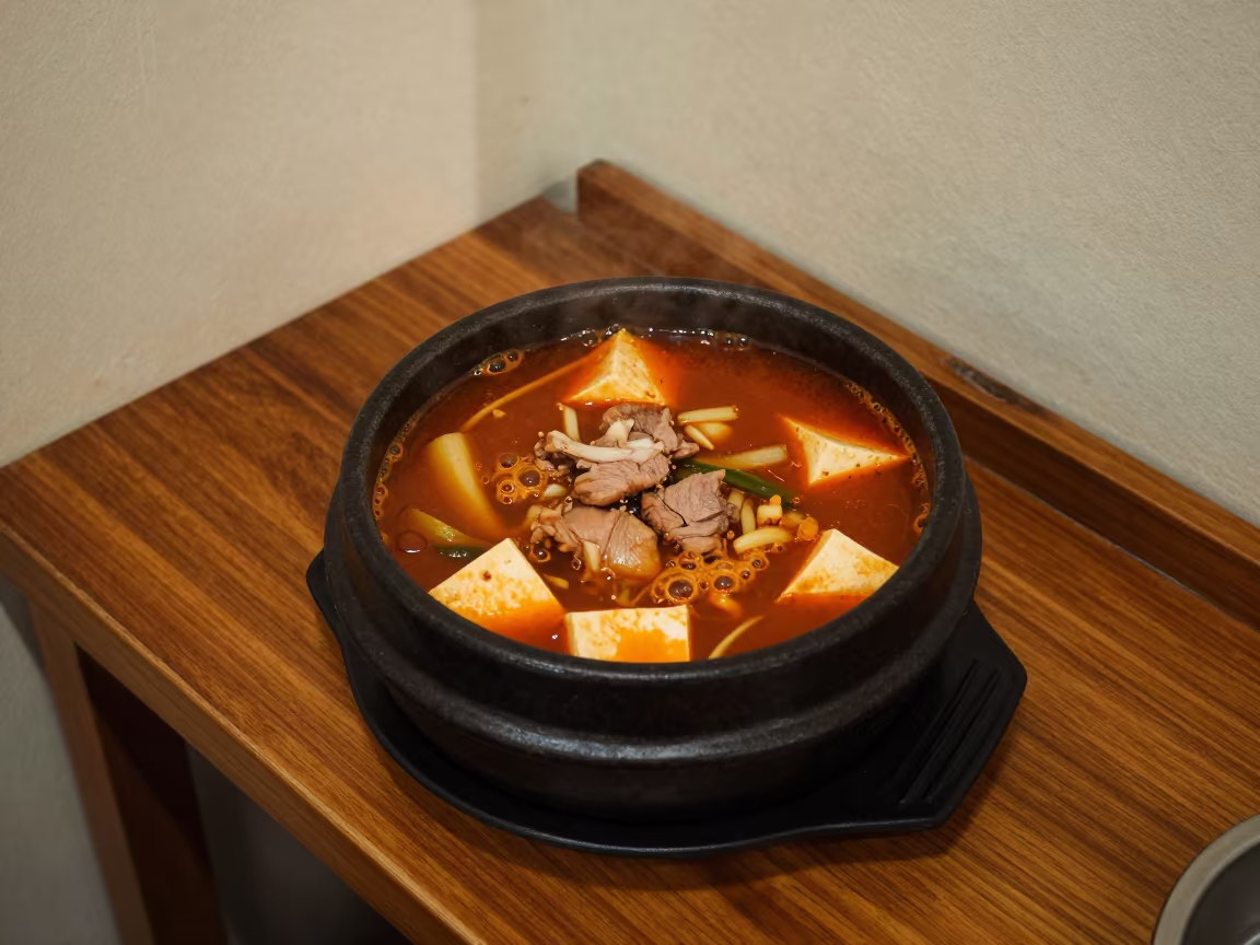 Bubbling Korean Army Stew in Stone Bowl in at a noodle counter in Barquisimeto