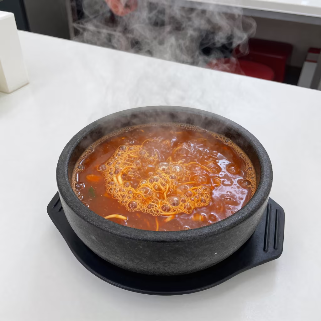 Bubbling Korean Stew Bowl at Marrakesh Counter in at a noodle counter in Marrakesh