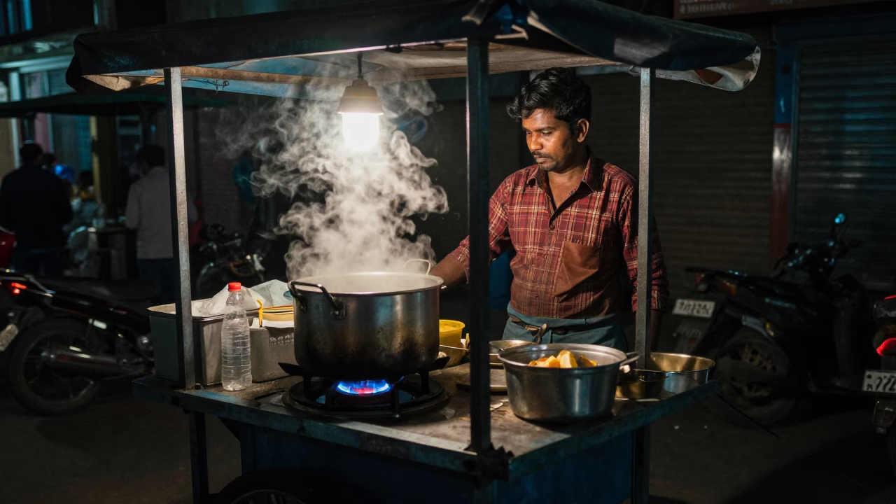 Bubbling Stew in Delhi at Deep In The Night Light in in Delhi, India