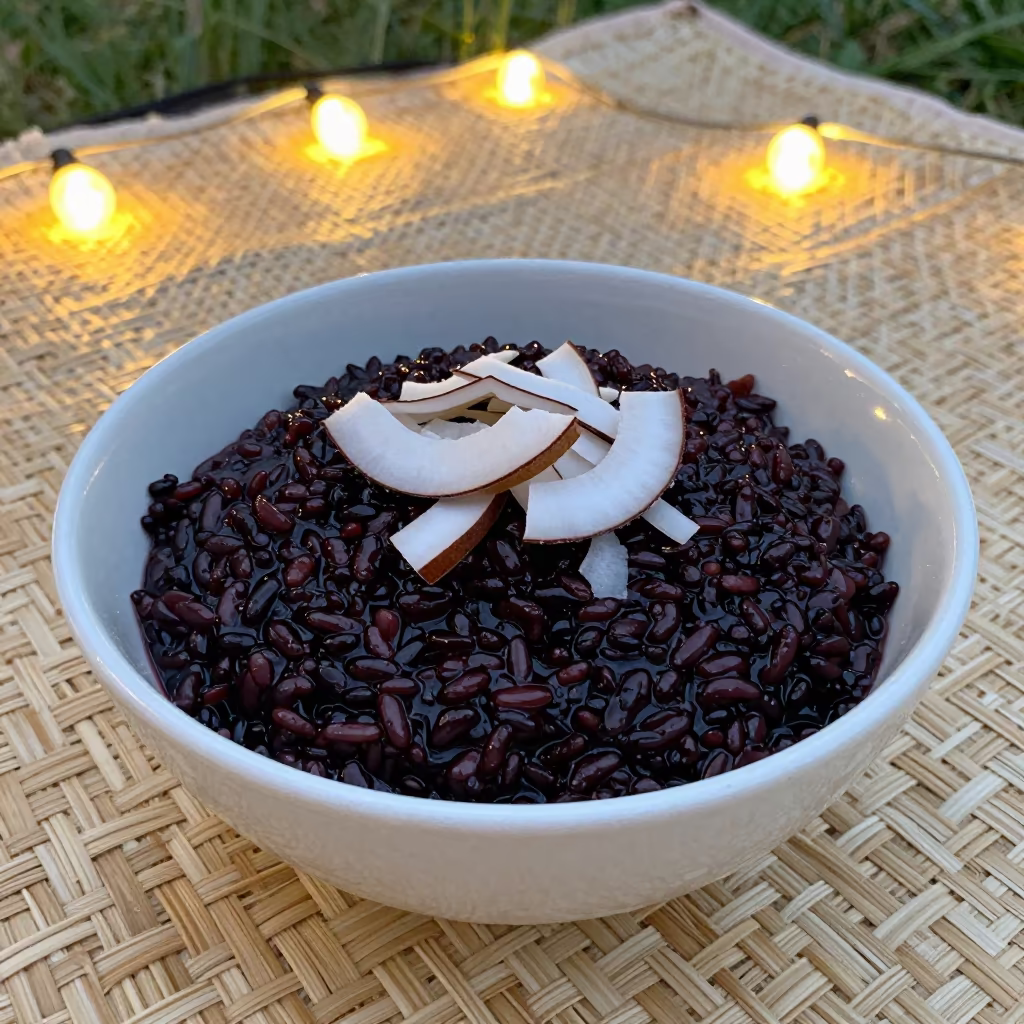 Bubur Ketan Hitam Bowl with Coconut on Picnic Blanket in on a picnic blanket in Hillah