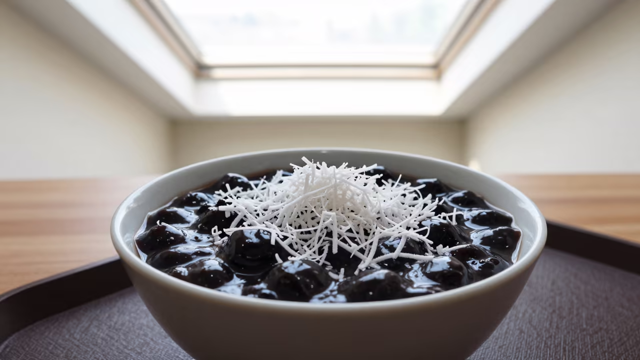 Bubur Ketan Hitam Bowl with Coconut on Tea Tray in on a tea house tray in Mascara