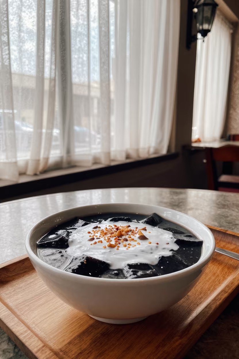 Bubur Ketan Hitam with Coconut on Tea House Tray in on a tea house tray in Fallujah