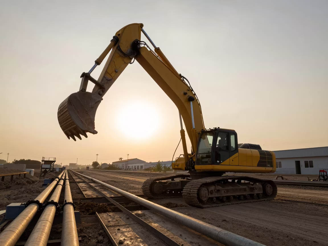 Bucket Excavator on Kafr el-Dawwar Catwalk Sunset in along a service road lined with pipes near Kafr el-Dawwar