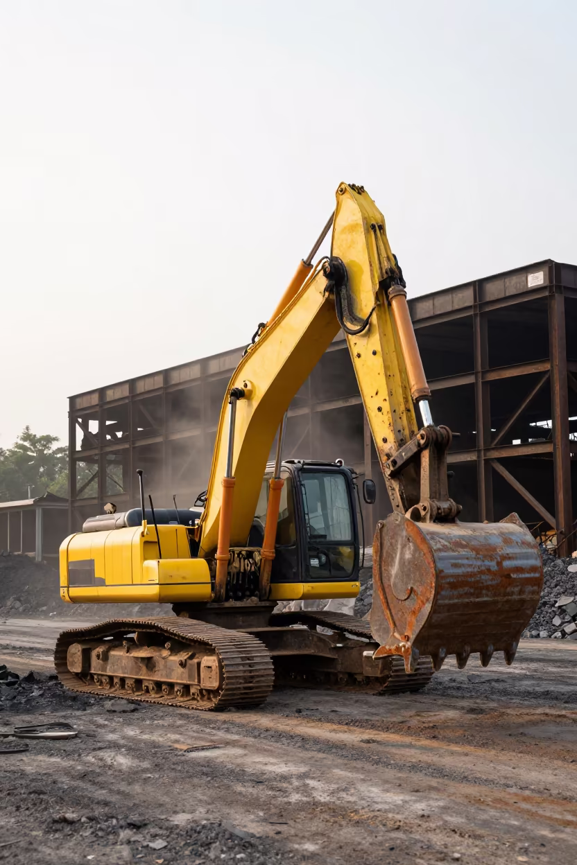 Bucket Excavator in Tamil Nadu Ore Yard in beside exposed structural steel in Tamil Nadu