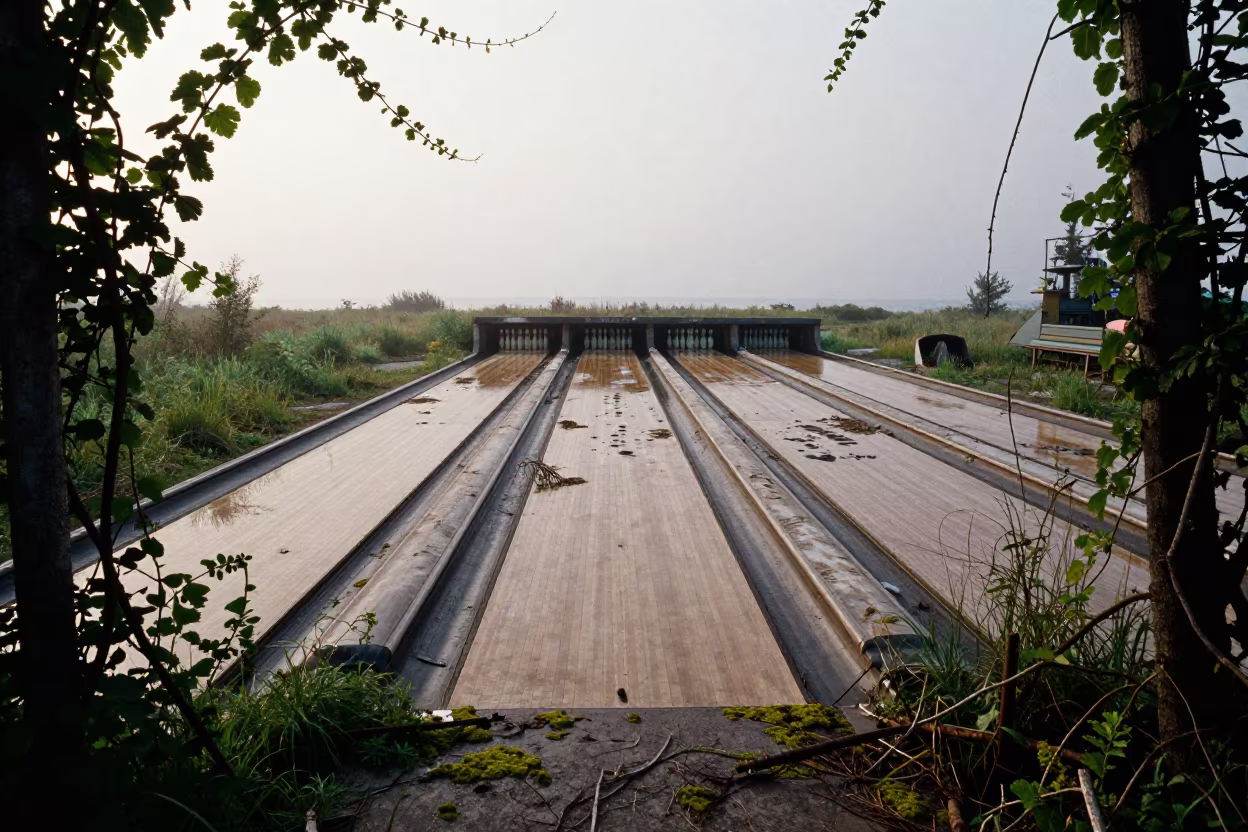 Buckled Bowling Lanes in Late Summer Fog in in Minnesota
