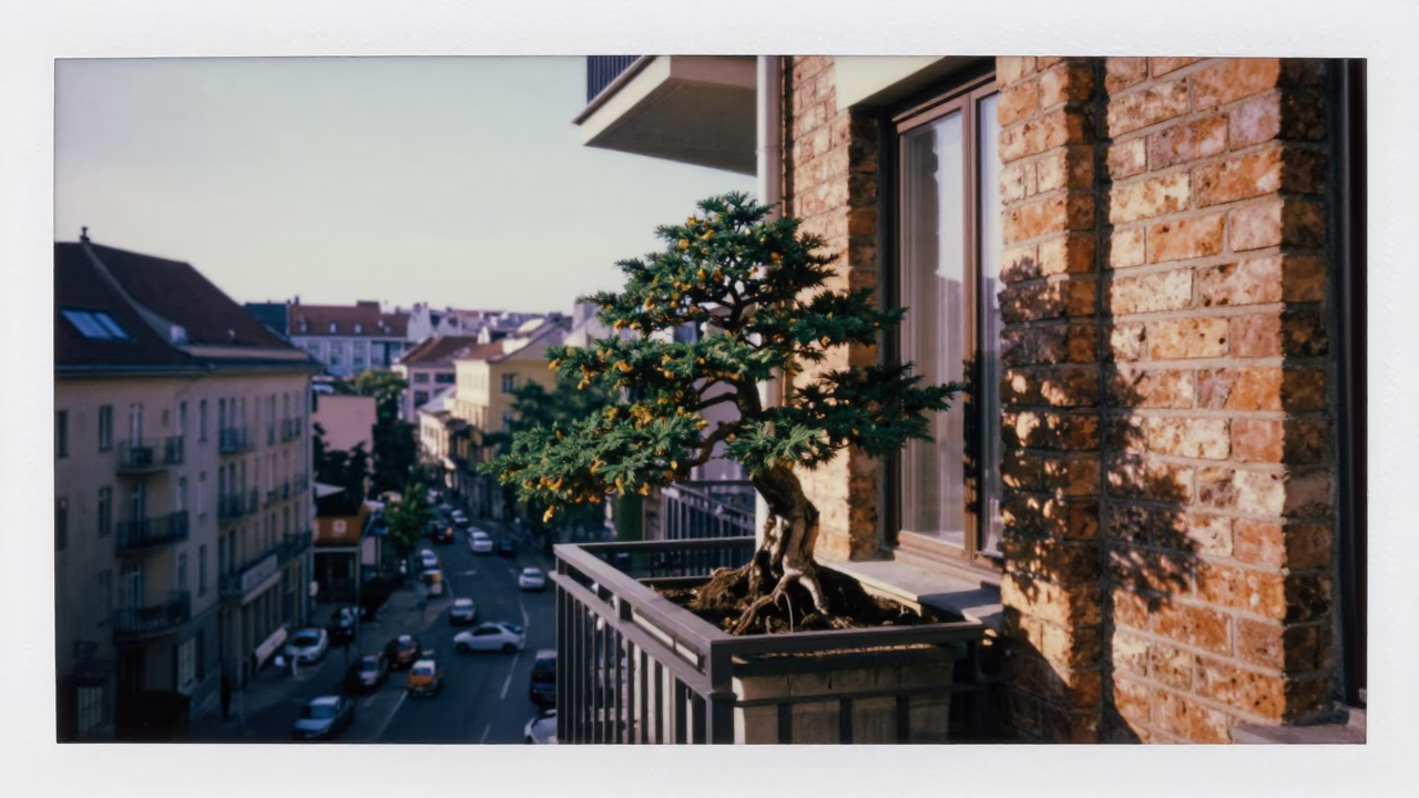 Budapest Apartment Balcony Early Afternoon with Bonsai Juniper and Glass Carafe in in Budapest, Hungary