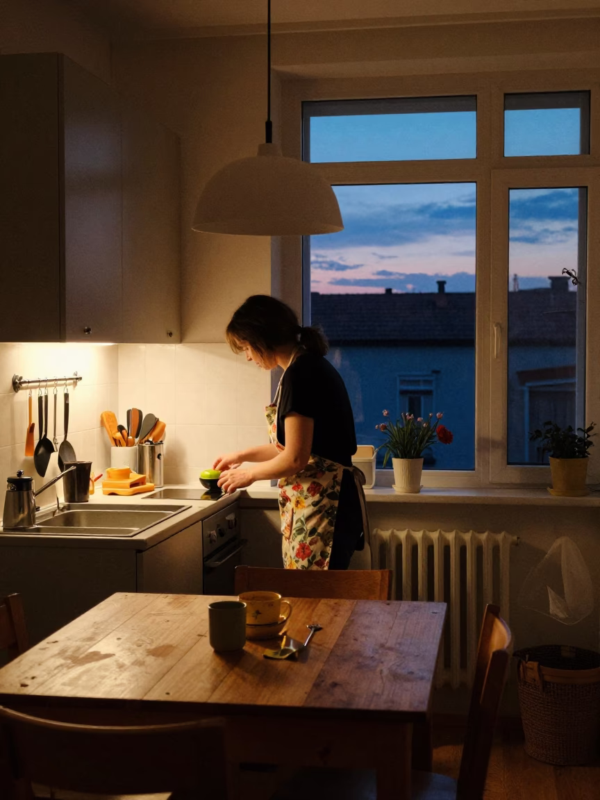 Budapest Apartment Kitchen Interior Indigo Twilight Evening in in Budapest, Hungary