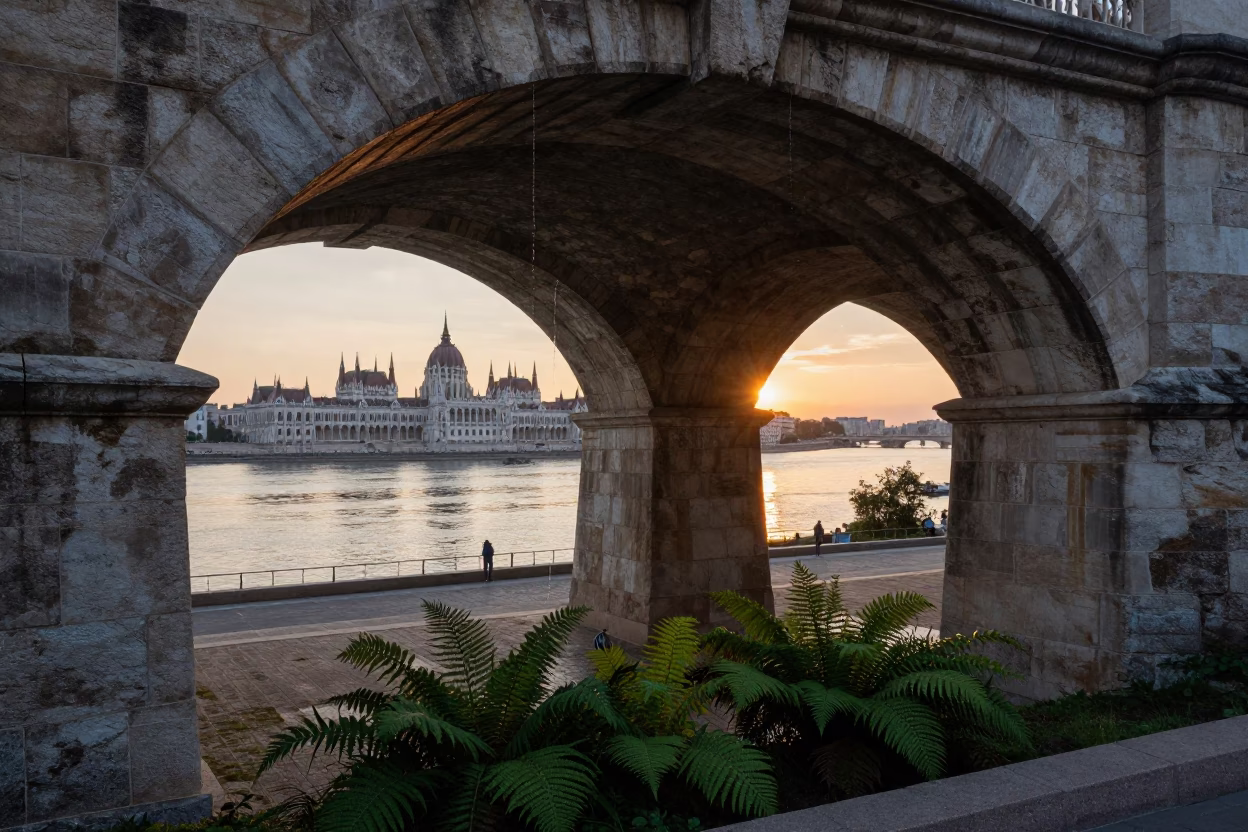 Budapest Arch Undercroft at As The Sun Drops Toward The Horizon in in Budapest, Hungary