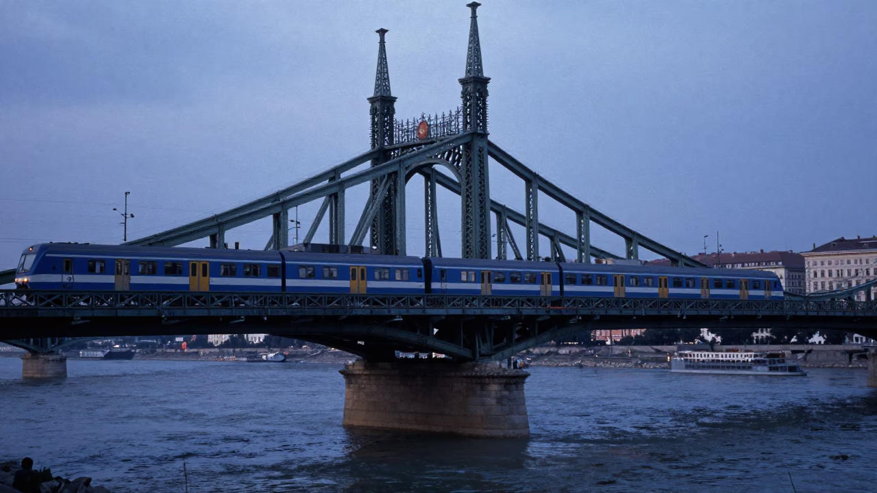 Budapest Blue Hour Commuter Train Crossing Chain Bridge Over Danube River in in Budapest, Hungary