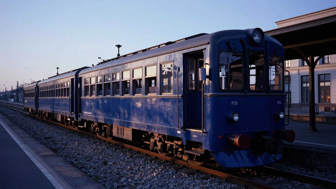 Budapest Blue Hour Narrow Gauge Train at Nyugati Station Platform in in Budapest, Hungary