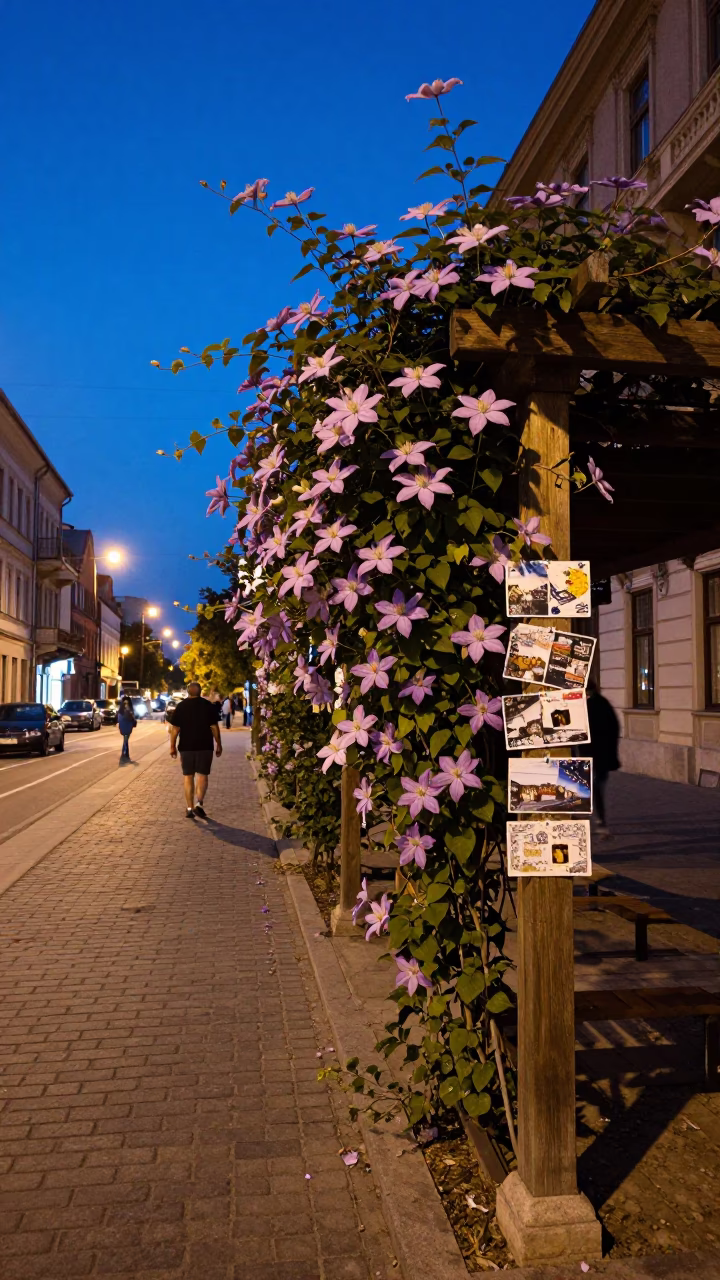 Budapest Blue Hour Street Scene with Clematis Vine and Postcards in in Budapest, Hungary