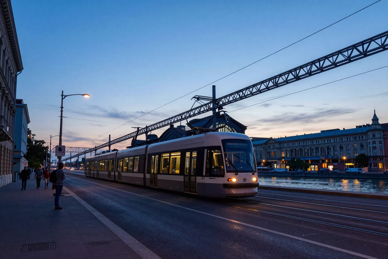 Budapest Blue Hour Street Scene with Monorail and Canal Pumping Station in in Budapest, Hungary